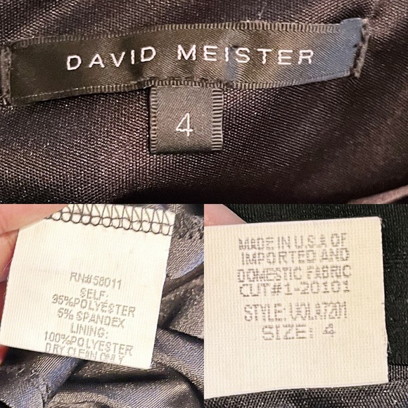 DAVID MEISTER Black Sheath Cocktail Dress Ruched Ruffles 3/4 Sleeves Midi 4 EUC - Picture 5 of 8